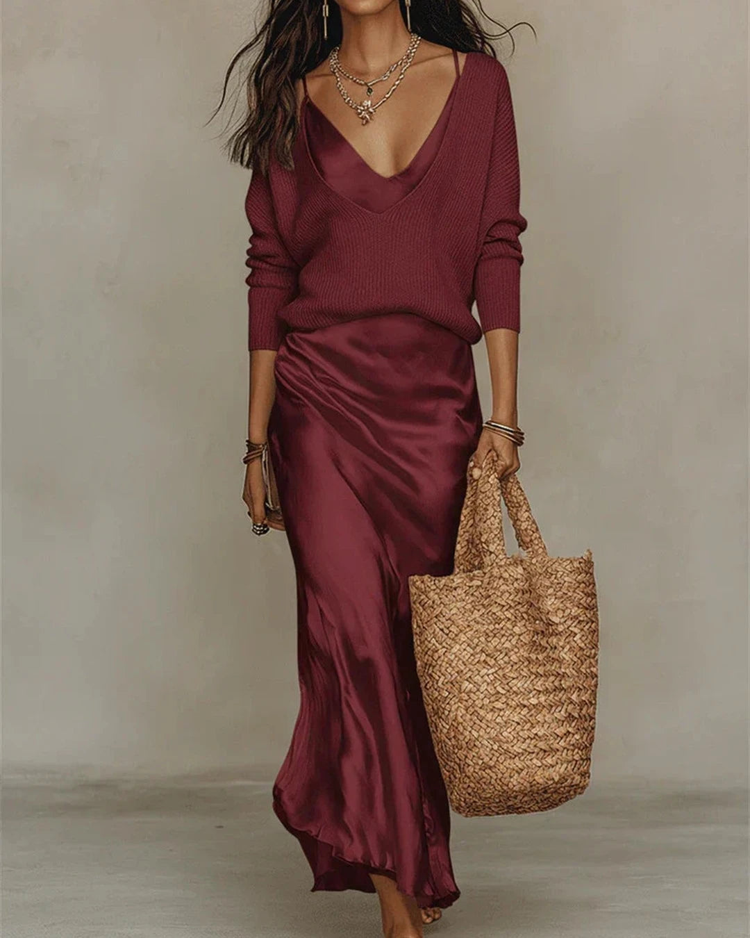 Maya | Robe Satinée et Pull Assorti – Bordeaux