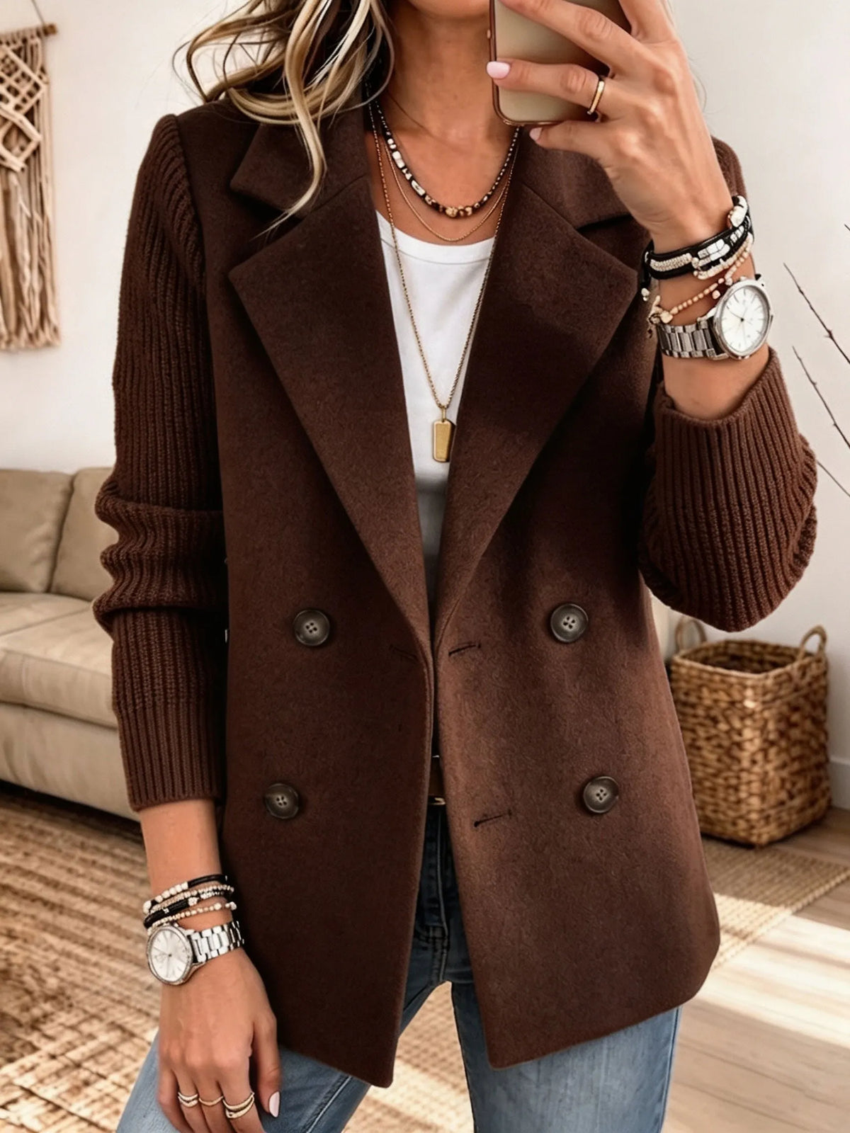 Carla | Blazer Élégant à Manches en Maille, chocolat