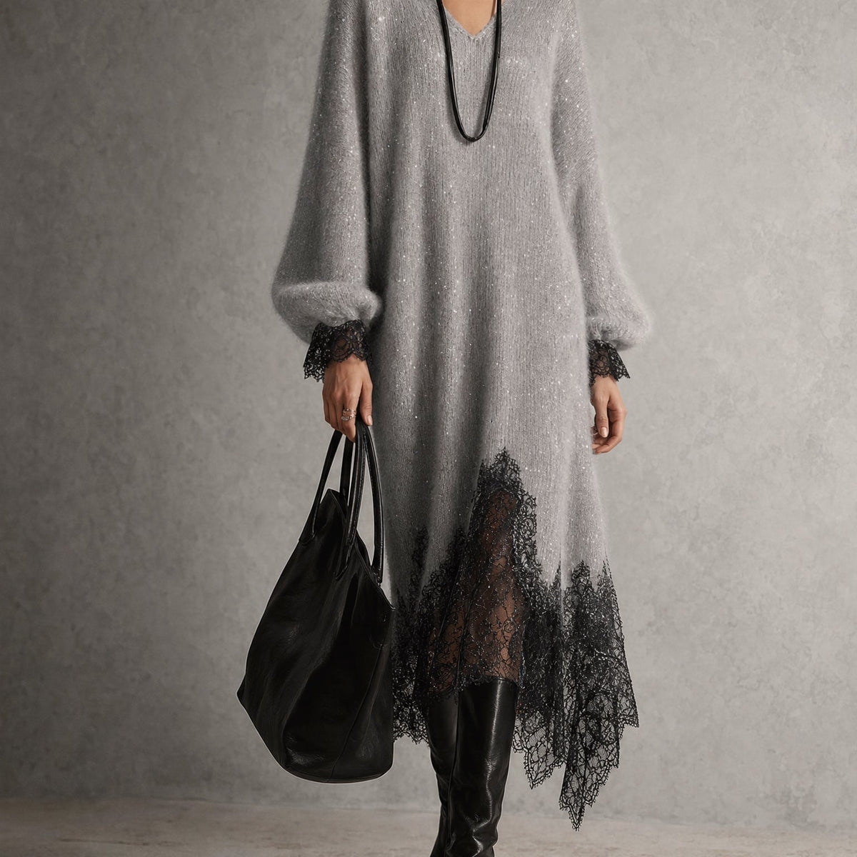 Nova | Robe Midi Grise Scintillante à Ourlet en Dentelle - Gris