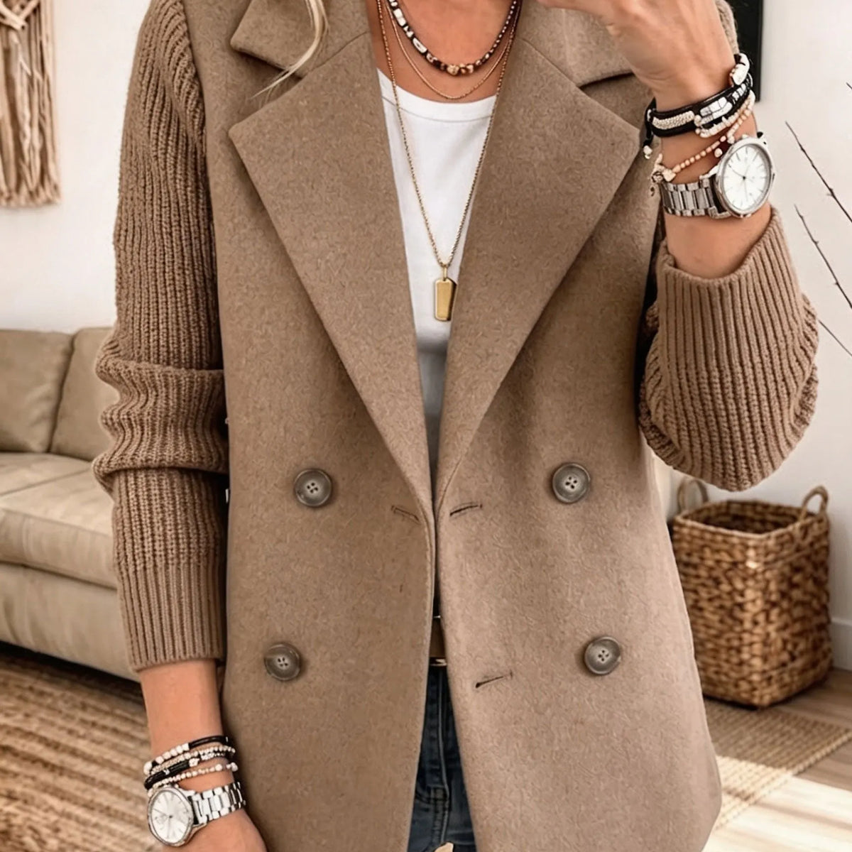 Carla | Blazer Élégant à Manches en Maille, camel