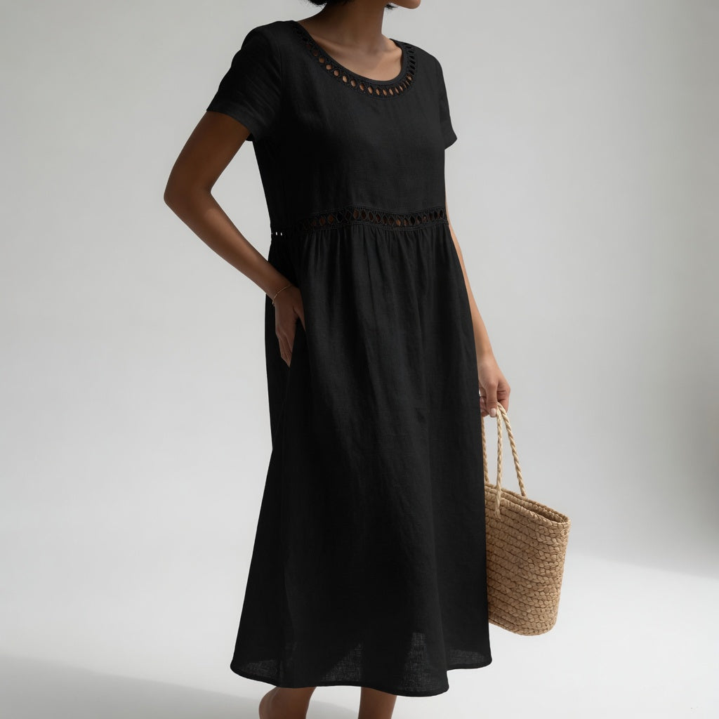 Elena | Robe Élégante Brodée – Noir