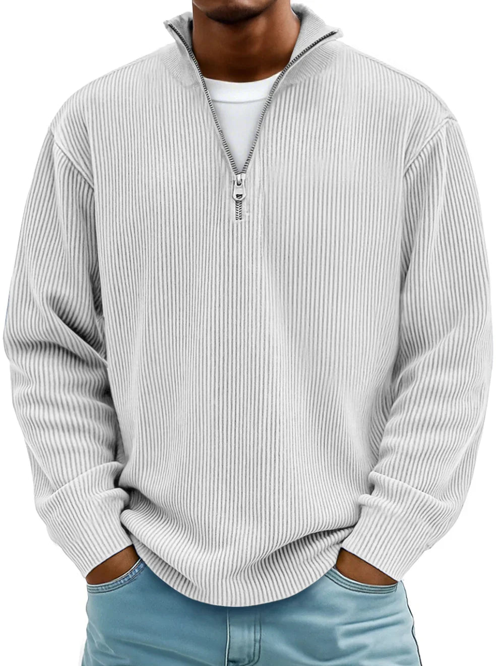 Axel | Pull Côtelé à Col Zippé en Blanc
