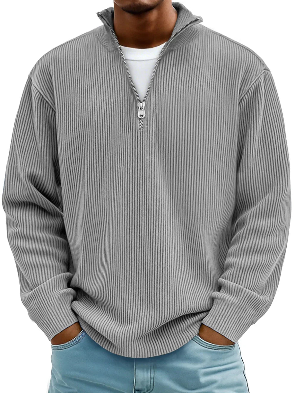 Axel | Pull Côtelé à Col Zippé en Gris