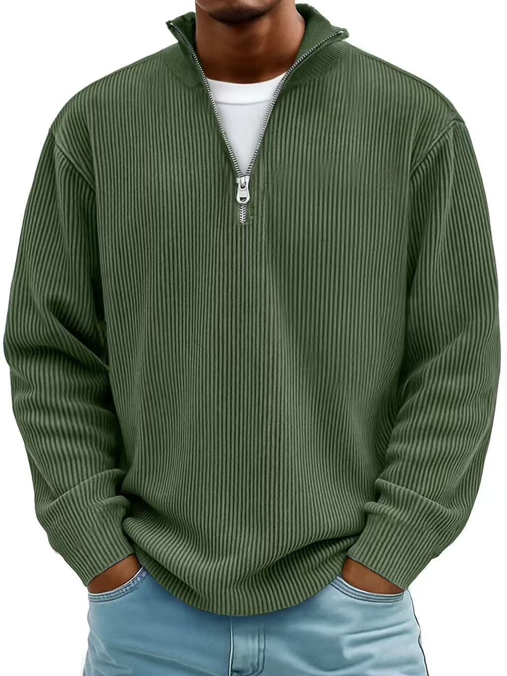 Axel | Pull Côtelé à Col Zippé en Vert Militaire