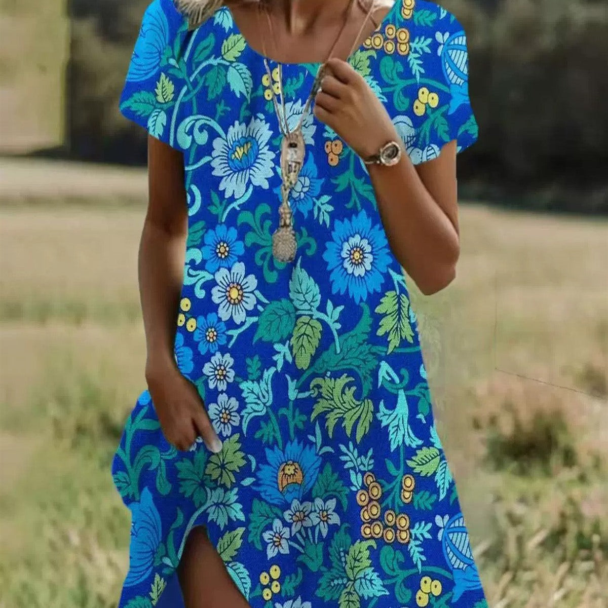 Alina | Robe Midi d’Été – Fleur Bleue