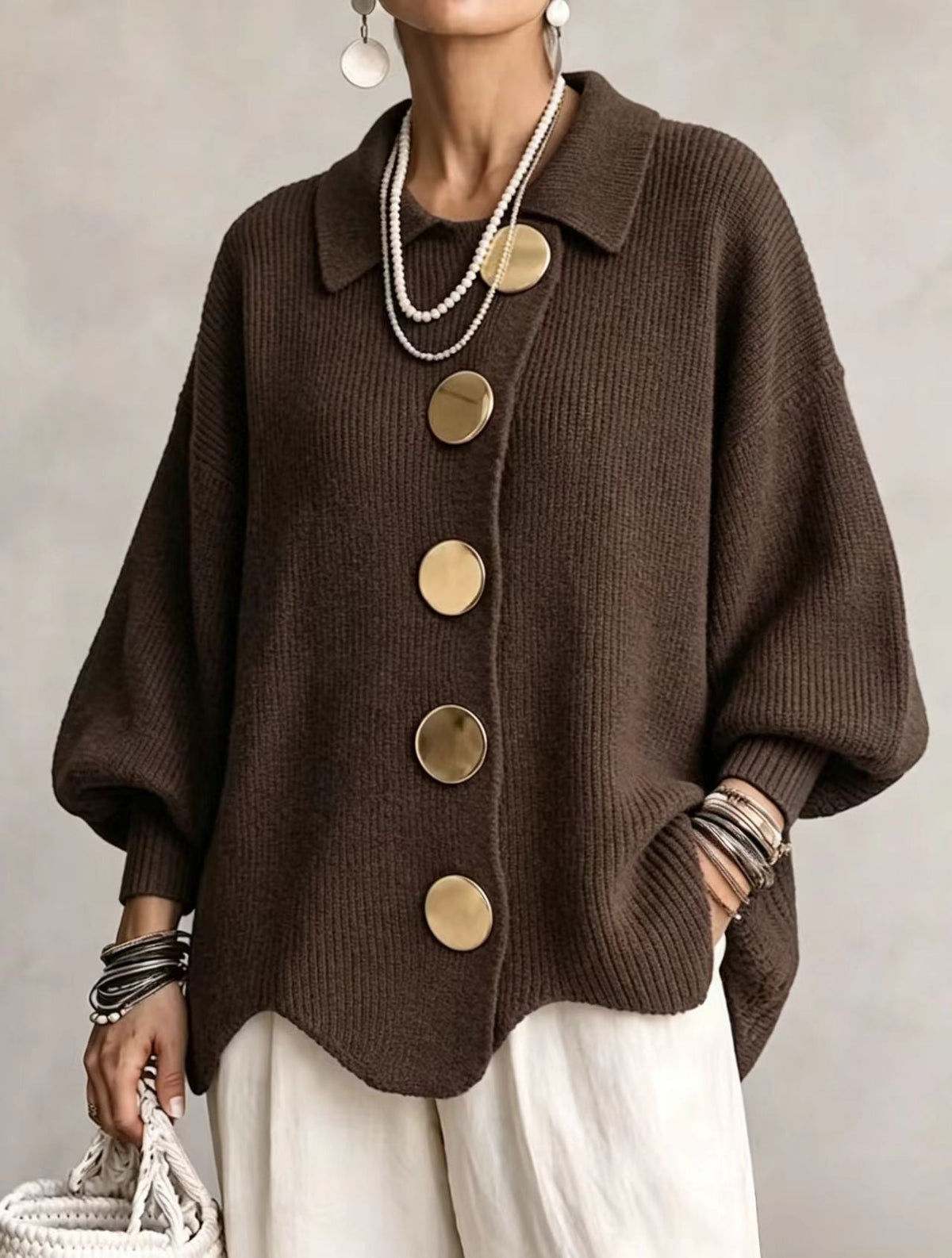 Lola | Cardigan Oversize à Gros Boutons Dorés - Moka