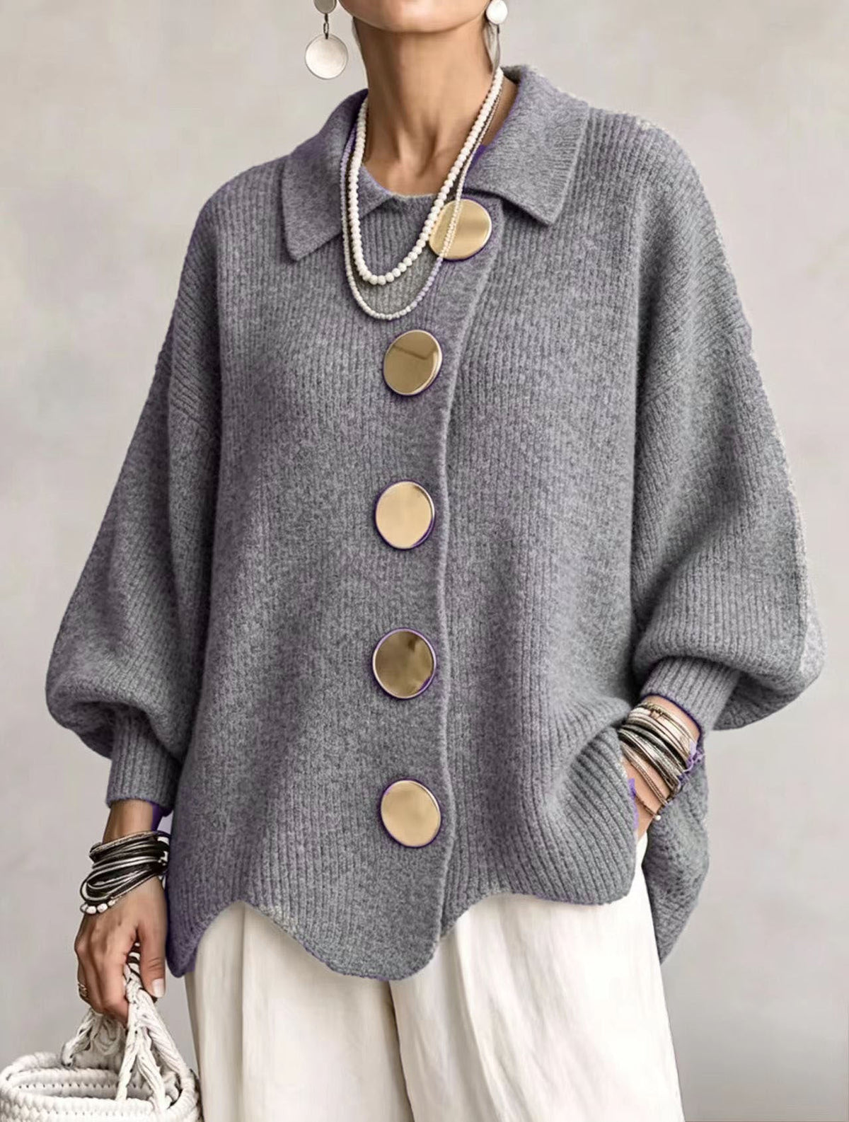 Lola | Cardigan Oversize à Gros Boutons Dorés - Gris