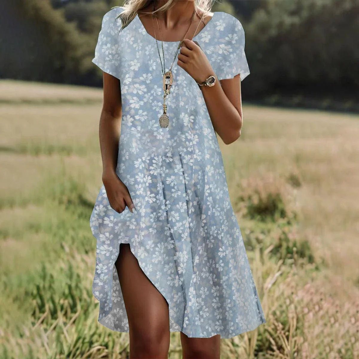 Alina | Robe Midi d’Été – Bleu Clair