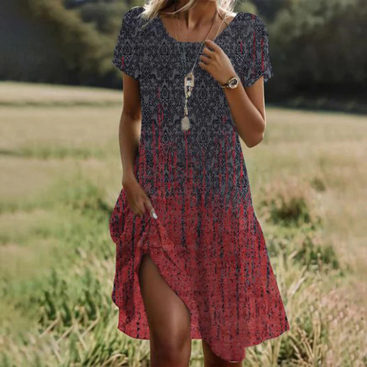 Alina | Robe Midi d’Été – Gris Rouge