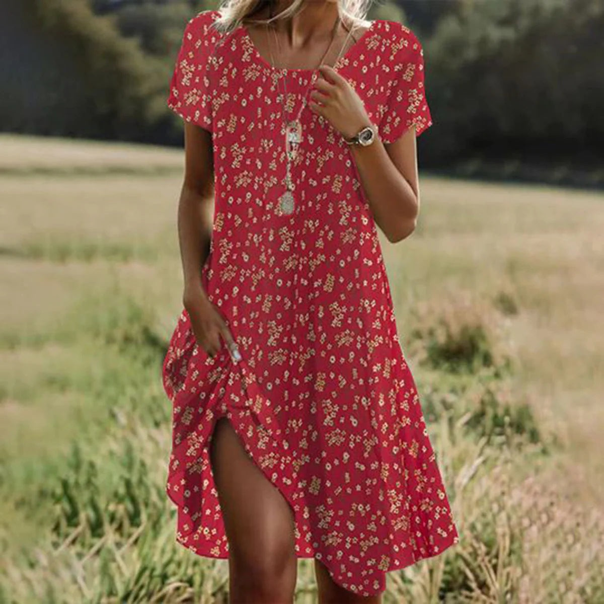 Alina | Robe Midi d’Été – Rouge Fleuri