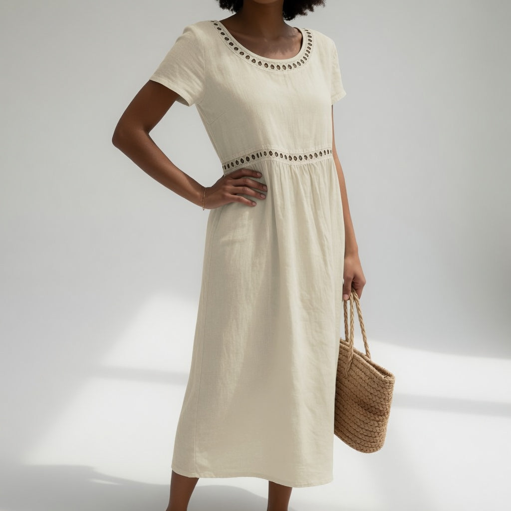 Elena | Robe Élégante Brodée – Blanc Cassé