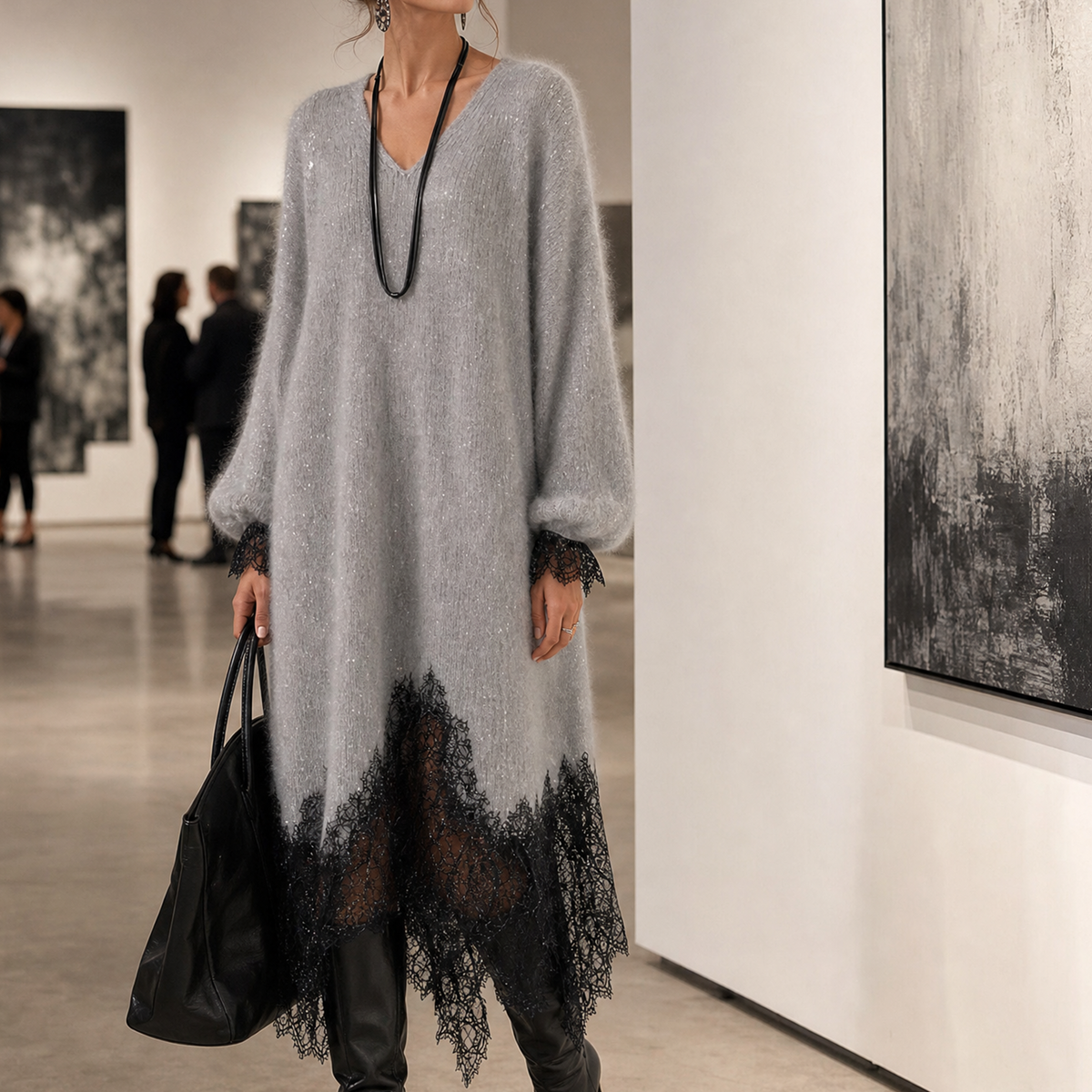 Nova | Robe Midi Grise Scintillante à Ourlet en Dentelle - Gris, look galerie
