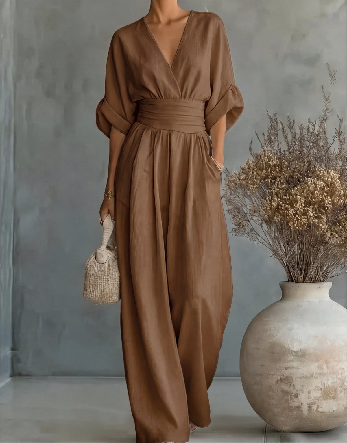 Eva | Combinaison Chic à Jambes Larges en Marron