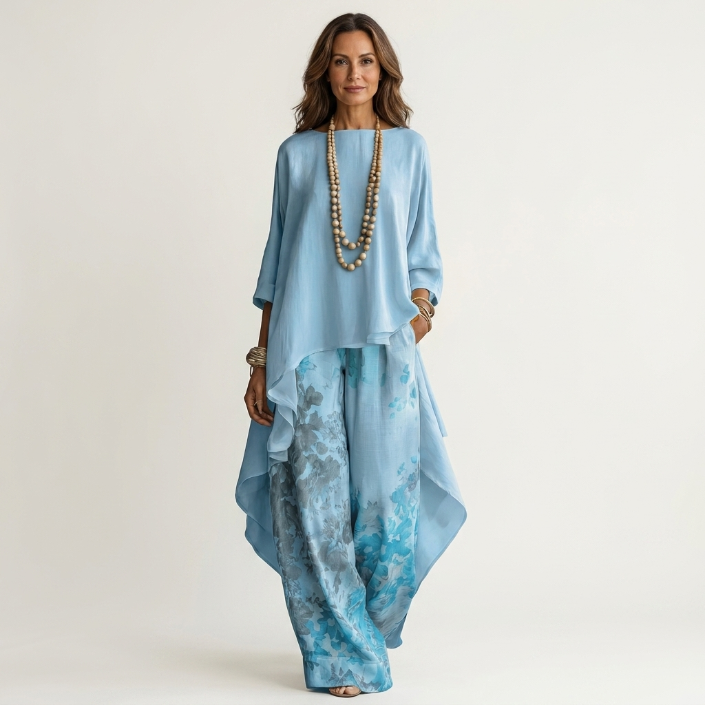Maya | Ensemble Asymétrique en Coton et Soie - Bleu Ciel