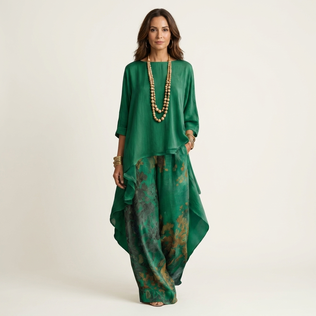 Maya | Ensemble Asymétrique en Coton et Soie - Vert Émeraude