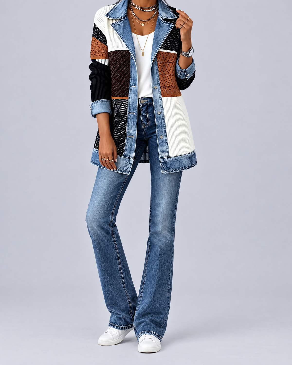 Fleur veste en maille côtelée bicolore patchwork empiècements denim, look sans visage, fond gris clair studio