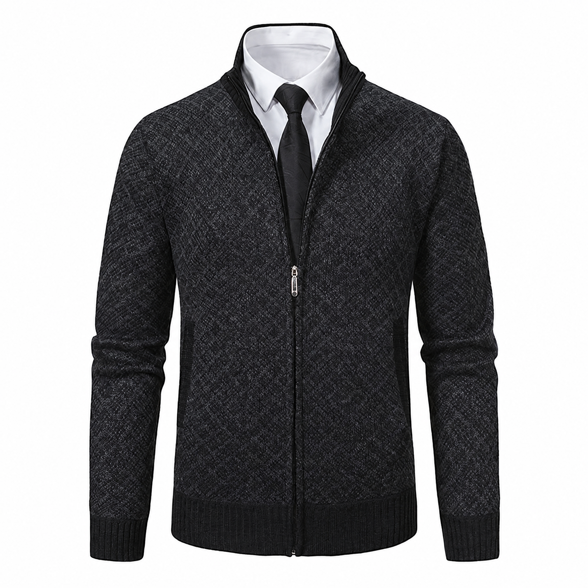 Mathis cardigan zippé à col montant, coloris noir, motif losange