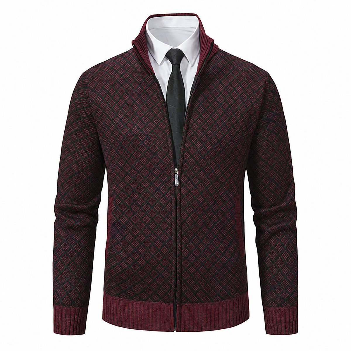 Mathis cardigan zippé à col montant, coloris bordeaux, motif losange