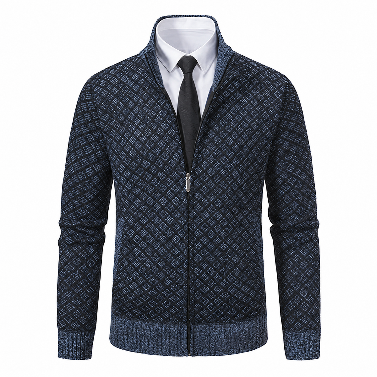 Mathis cardigan zippé à col montant, coloris bleu marine, motif losange