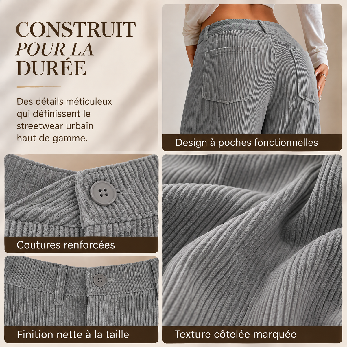Léonie pantalon large velours côtelé, construit pour la durée