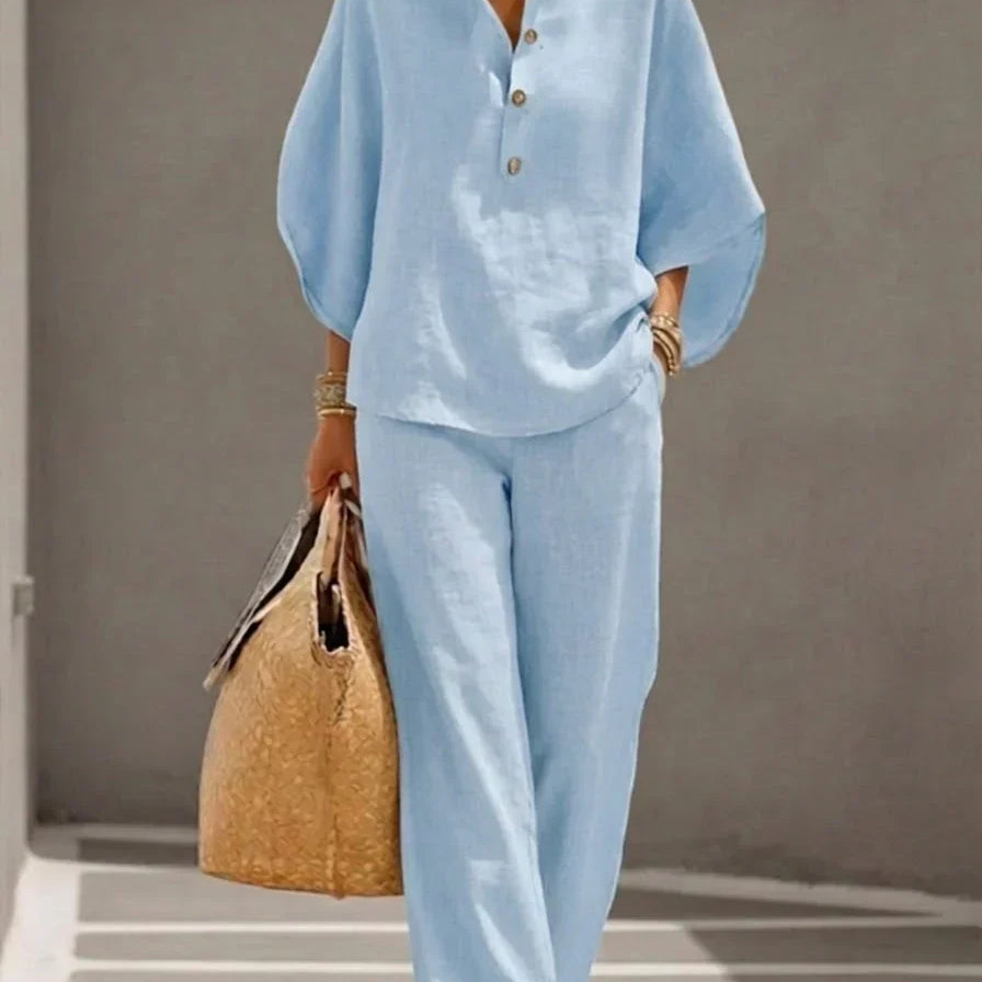 Amara | Ensemble en Lin à Pantalon Large – Bleu Clair