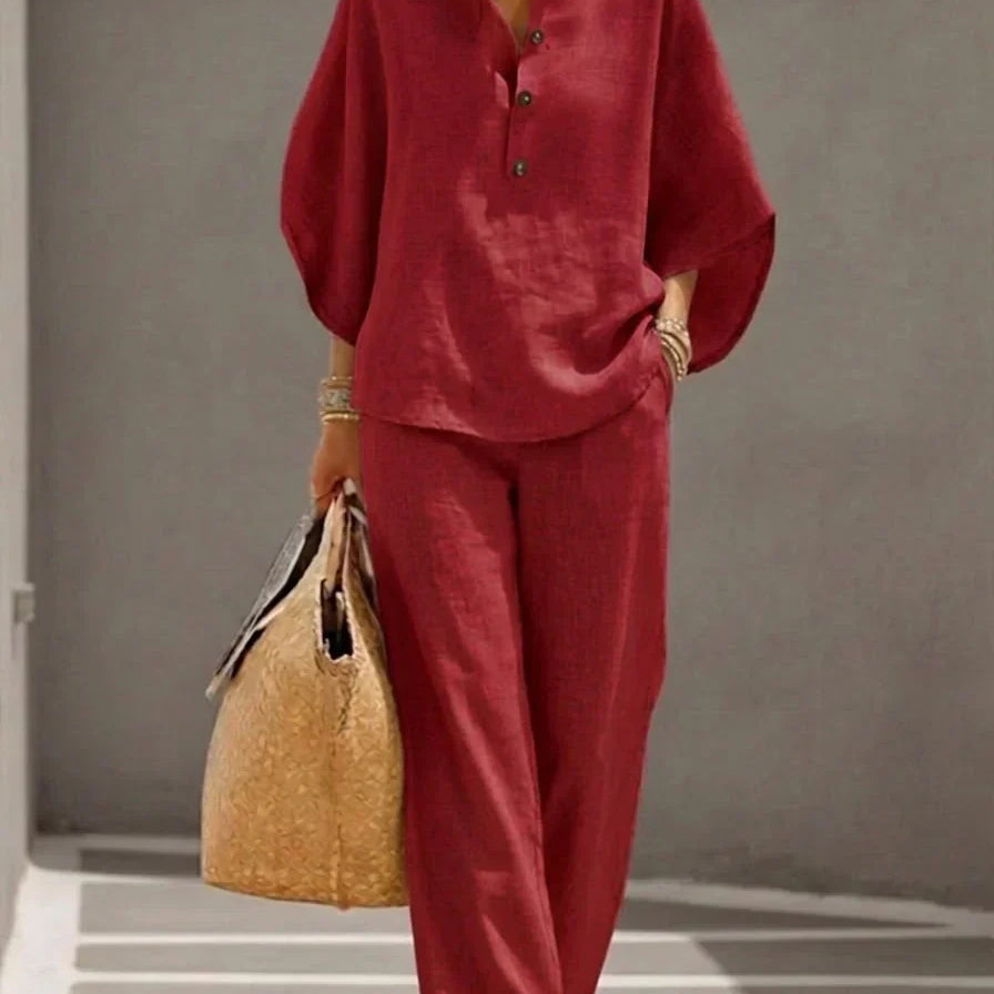 Amara | Ensemble en Lin à Pantalon Large – Rouge