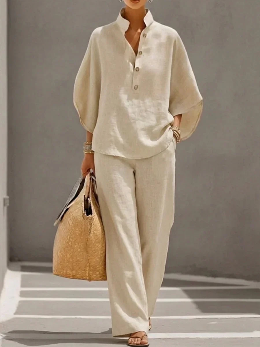 Amara | Ensemble en Lin à Pantalon Large – Beige