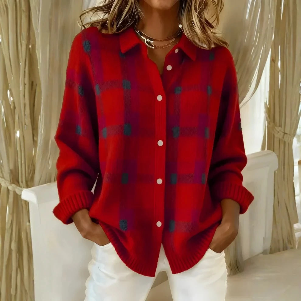 Ruby | Cardigan en Maille à Carreaux - Rouge
