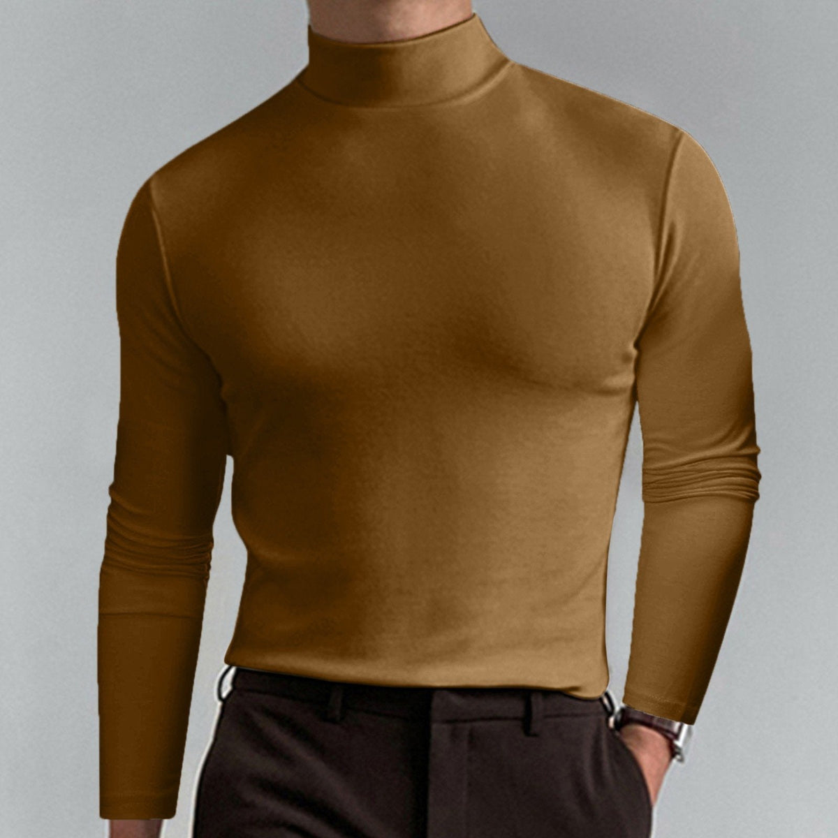 Enzo | T-shirt Slim à Manches Longues et Col Montant - Camel