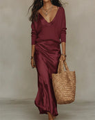 Maya | Robe Satinée et Pull Assorti – Bordeaux