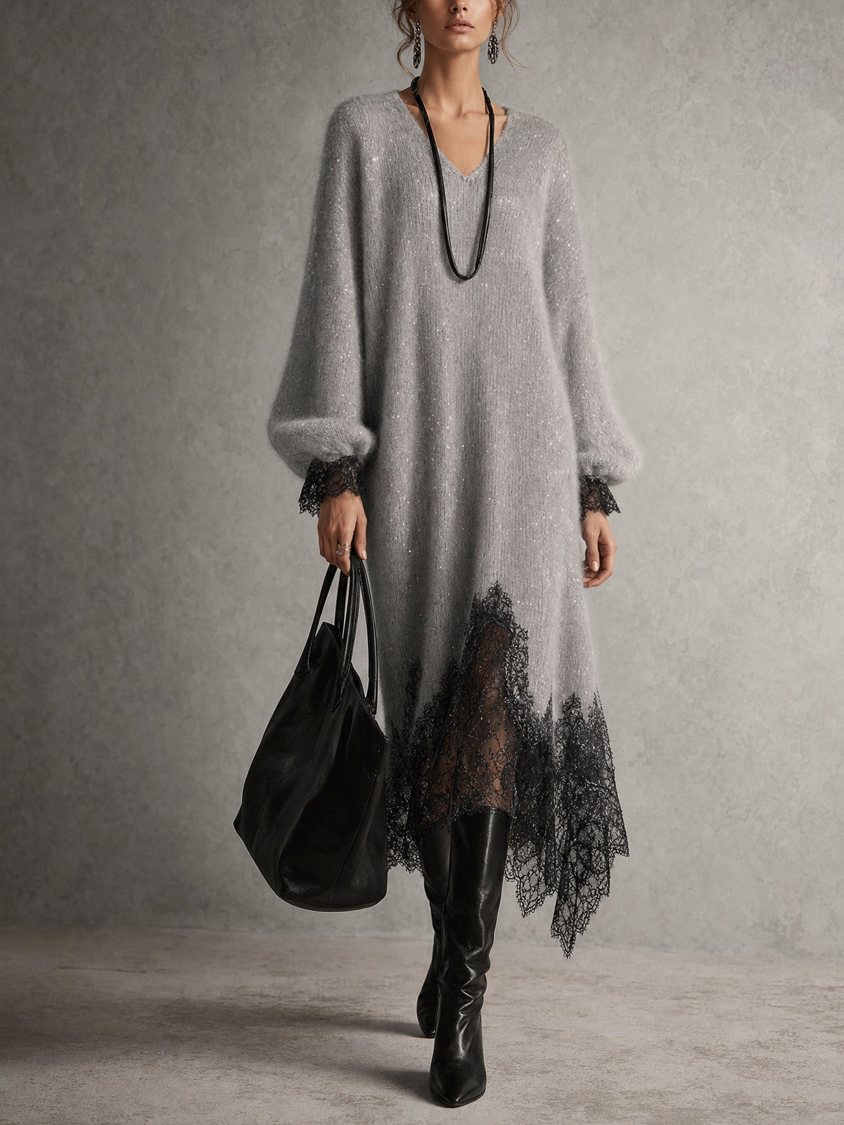 Nova | Robe Midi Grise Scintillante à Ourlet en Dentelle - Gris