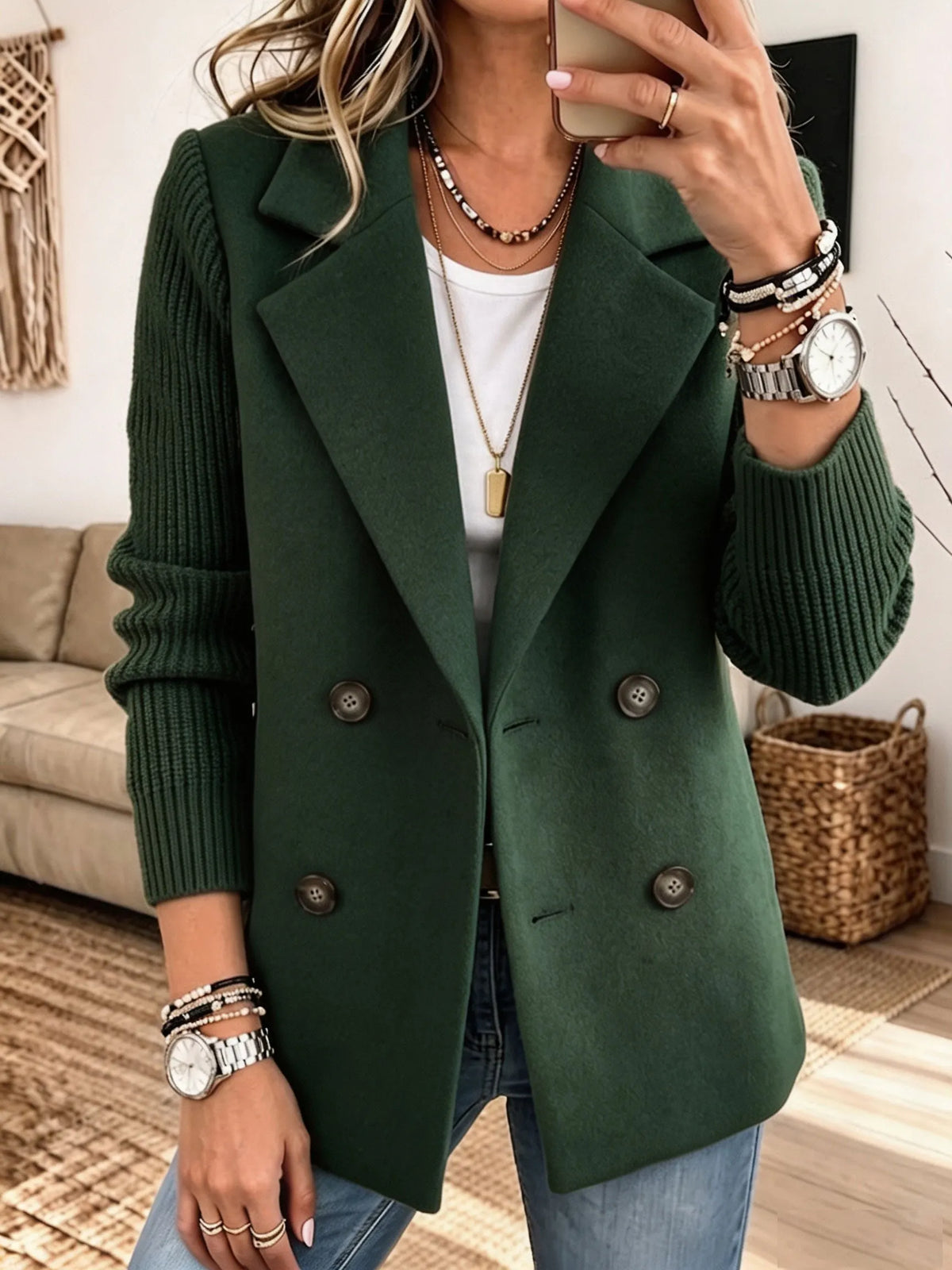 Carla | Blazer Élégant à Manches en Maille, vert forêt