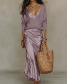 Maya | Robe Satinée et Pull Assorti – Violet