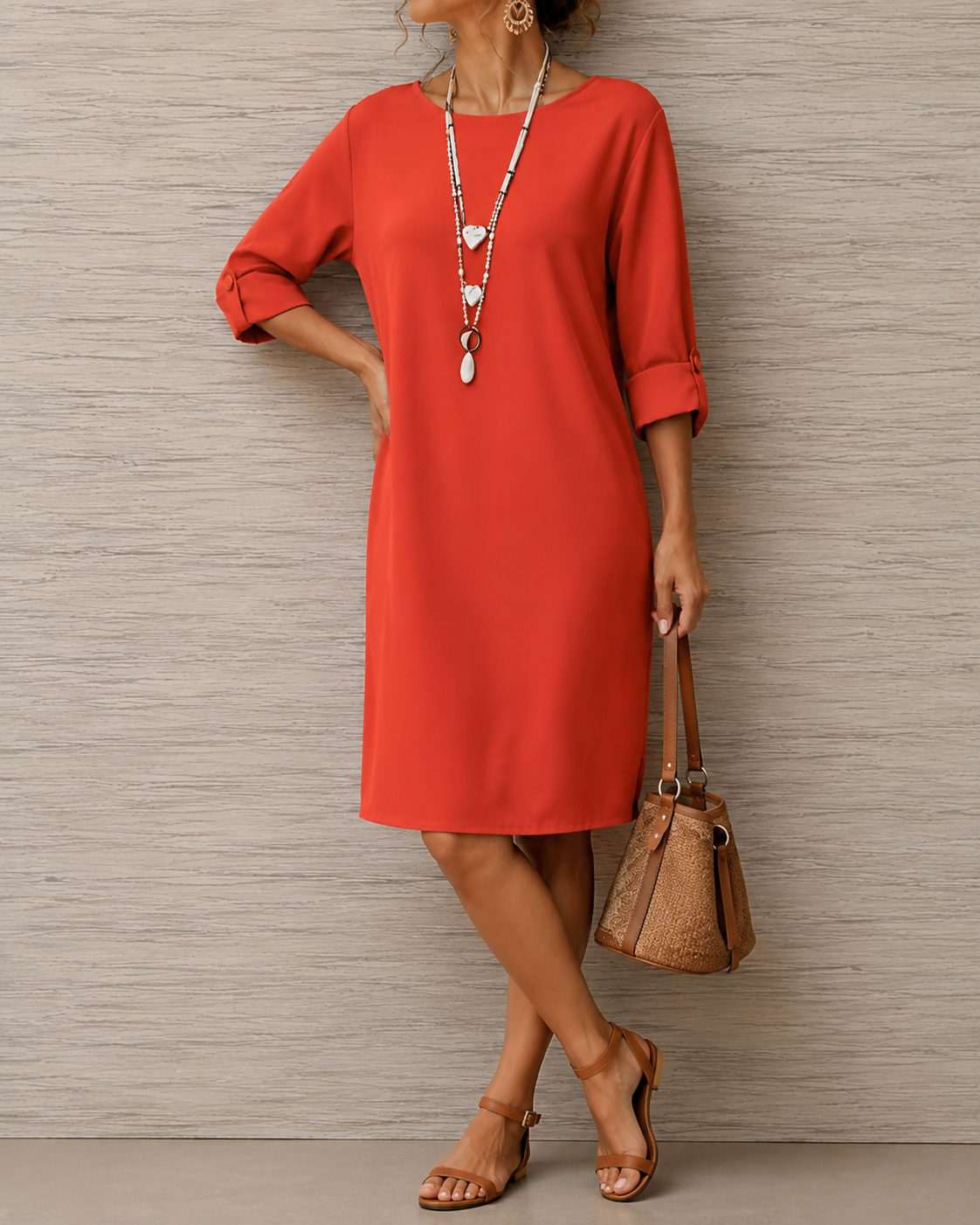 Iris | Robe Midi Fluide Effet Ventre Plat - Rouge Orangé