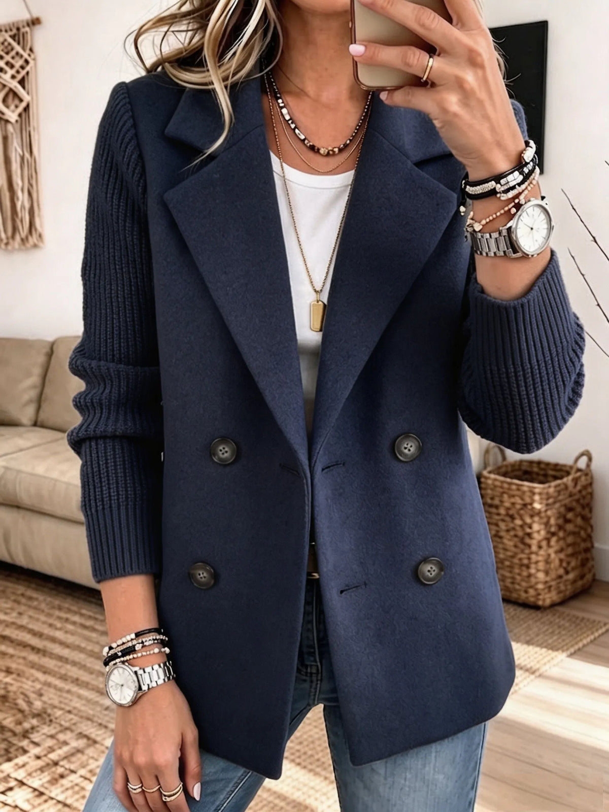 Carla | Blazer Élégant à Manches en Maille, bleu marine