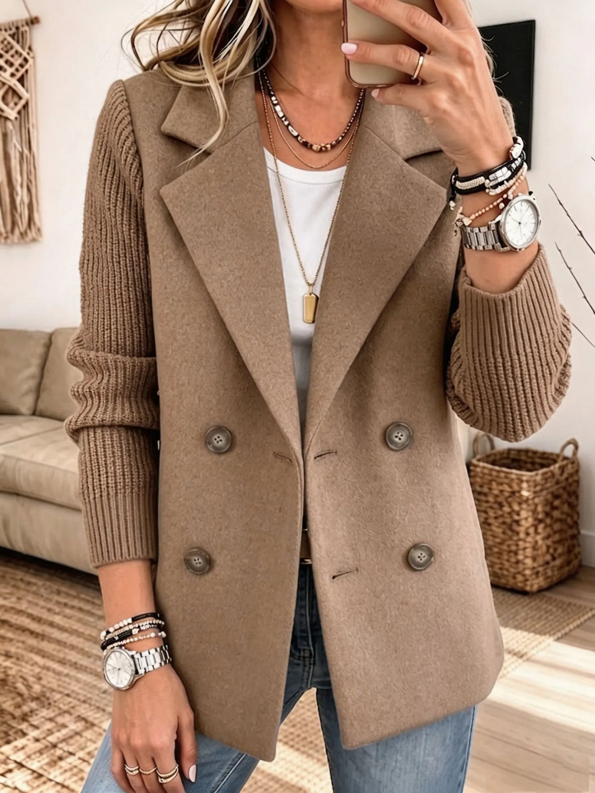 Carla | Blazer Élégant à Manches en Maille, camel