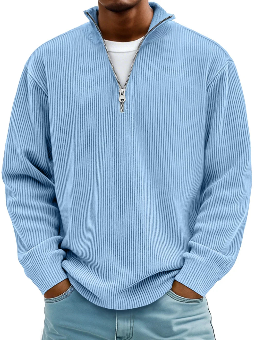 Axel | Pull Côtelé à Col Zippé en Bleu Ciel