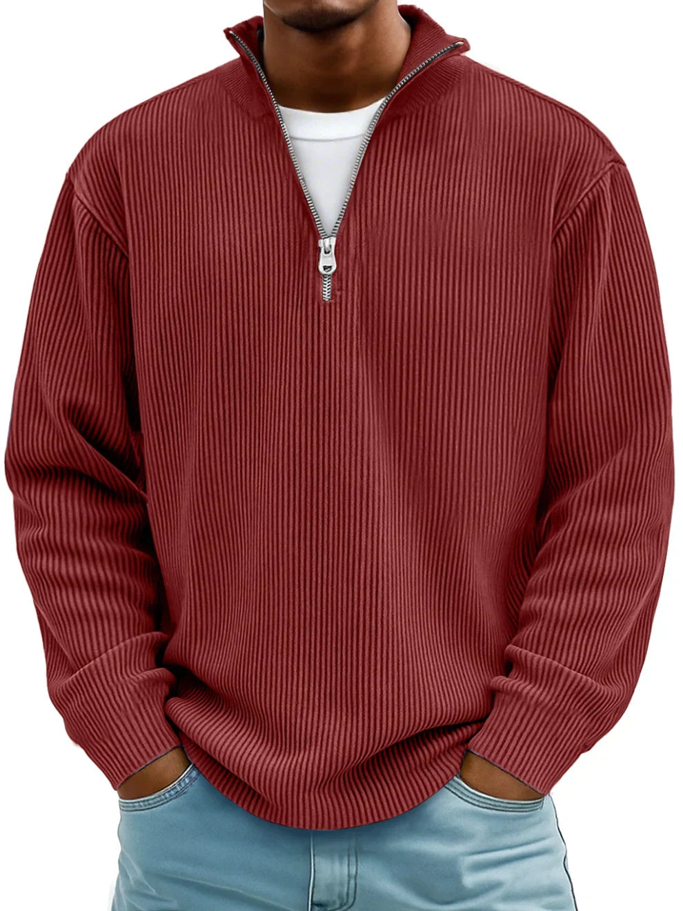 Axel | Pull Côtelé à Col Zippé en Rouge Brique