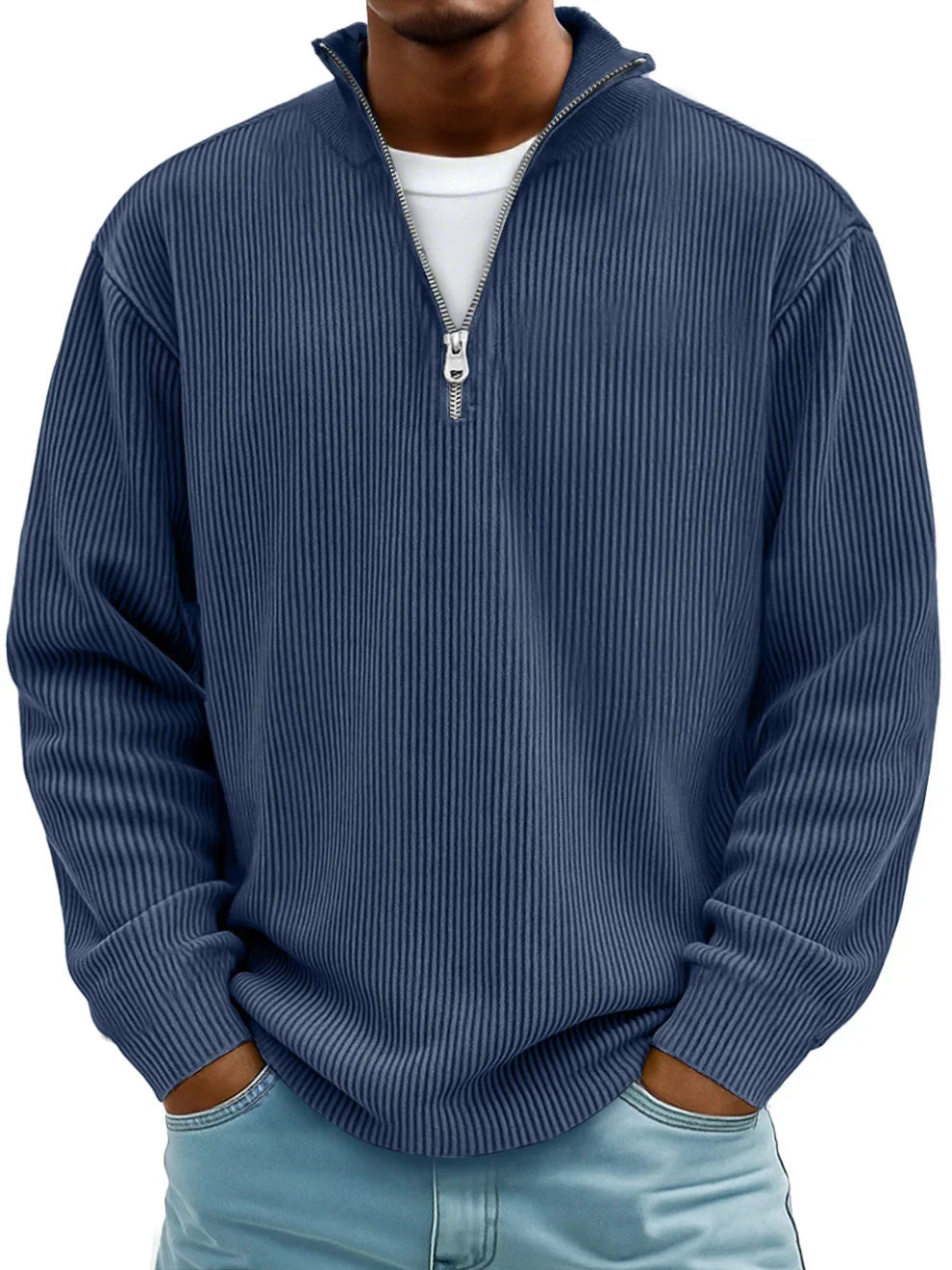 Axel | Pull Côtelé à Col Zippé en Bleu Marine