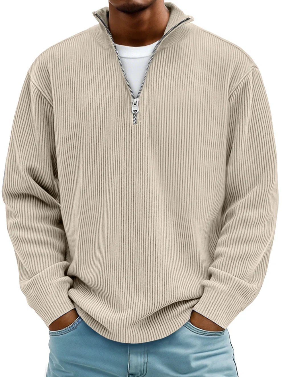 Axel | Pull Côtelé à Col Zippé en Beige