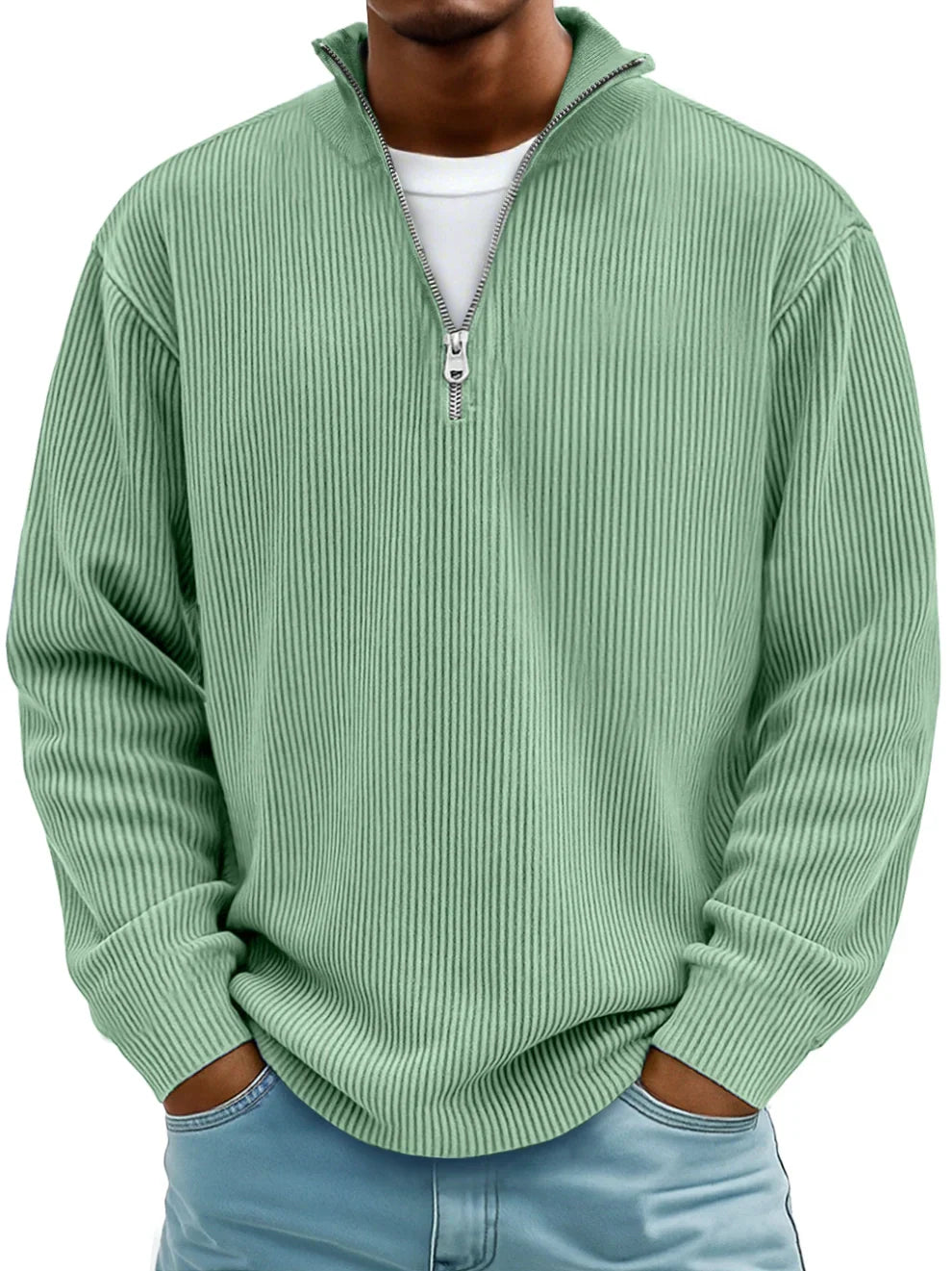 Axel | Pull Côtelé à Col Zippé en Vert Sauge