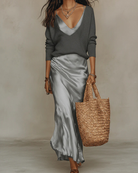 Maya | Robe Satinée et Pull Assorti – Gris