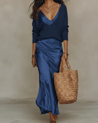 Maya | Robe Satinée et Pull Assorti – Bleu Roi