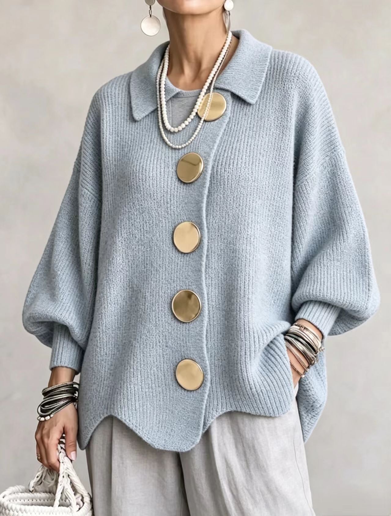 Lola | Cardigan Oversize à Gros Boutons Dorés - Bleu Ciel