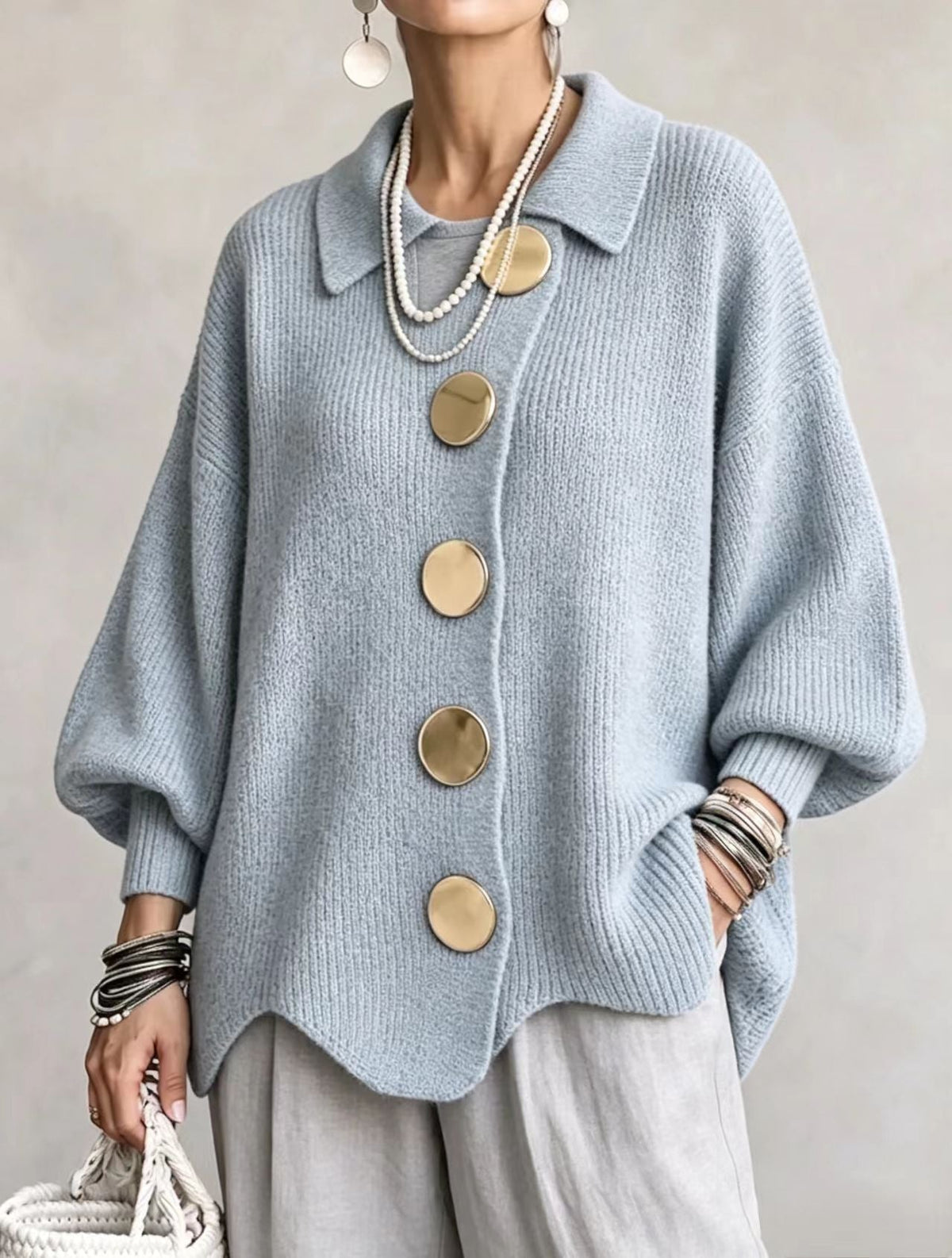 Lola | Cardigan Oversize à Gros Boutons Dorés - Bleu Ciel