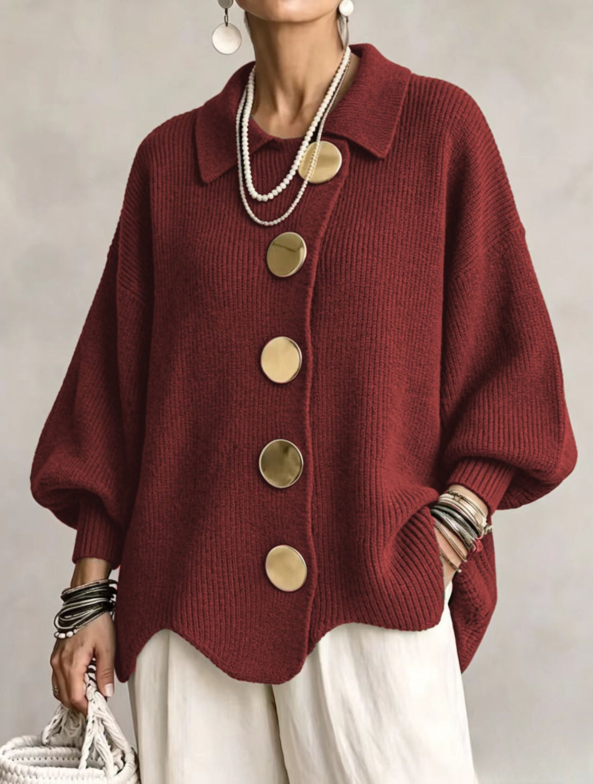 Lola | Cardigan Oversize à Gros Boutons Dorés - Rouge