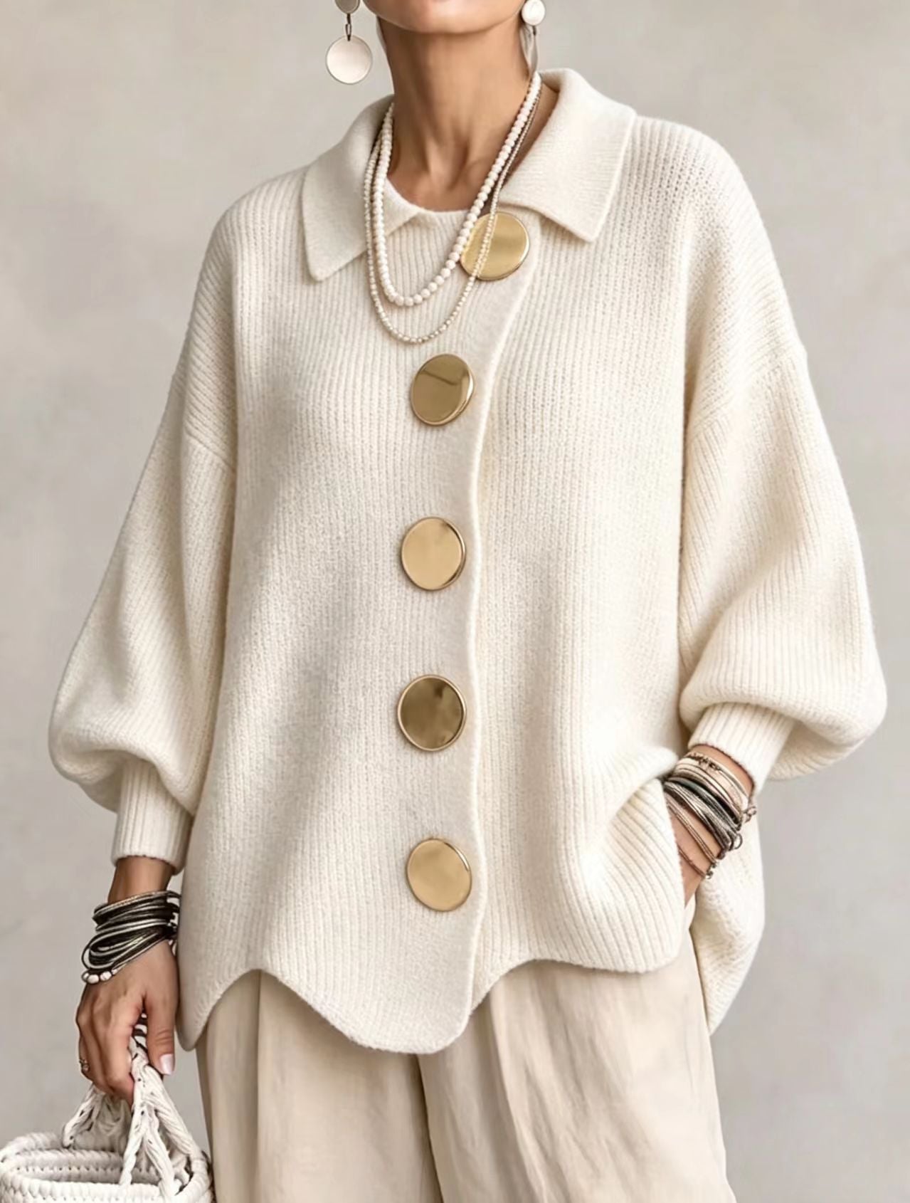 Lola | Cardigan Oversize à Gros Boutons Dorés - Blanc Ivoire
