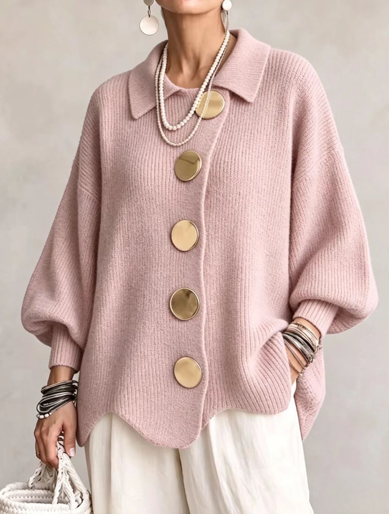 Lola | Cardigan Oversize à Gros Boutons Dorés - Rose Poudré