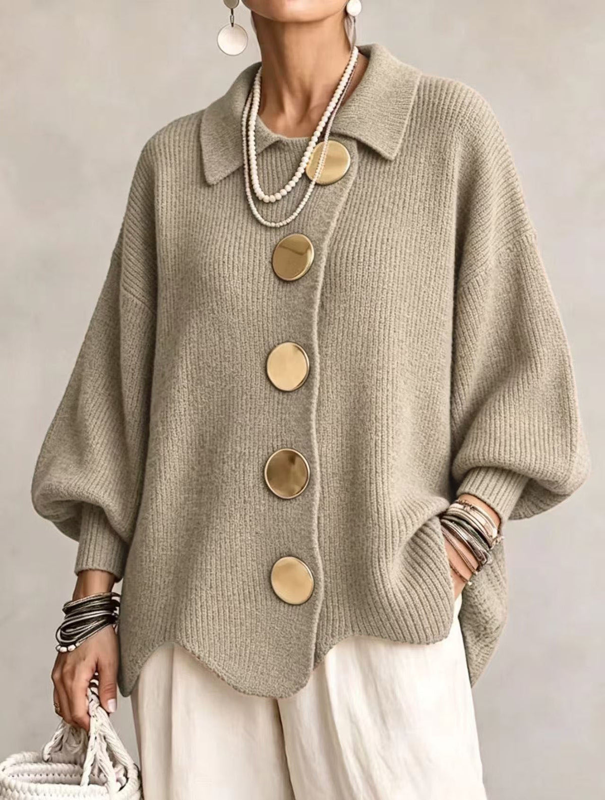 Lola | Cardigan Oversize à Gros Boutons Dorés - Kaki