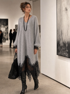 Nova | Robe Midi Grise Scintillante à Ourlet en Dentelle - Gris, look galerie
